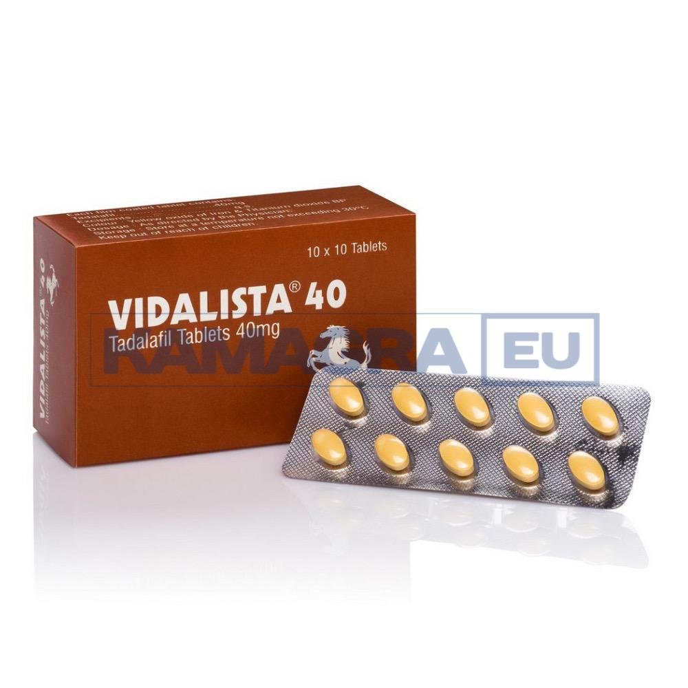 Blisterpackung mit Vidalista 40 mg Tabletten zur Behandlung von Erektionsstörungen.